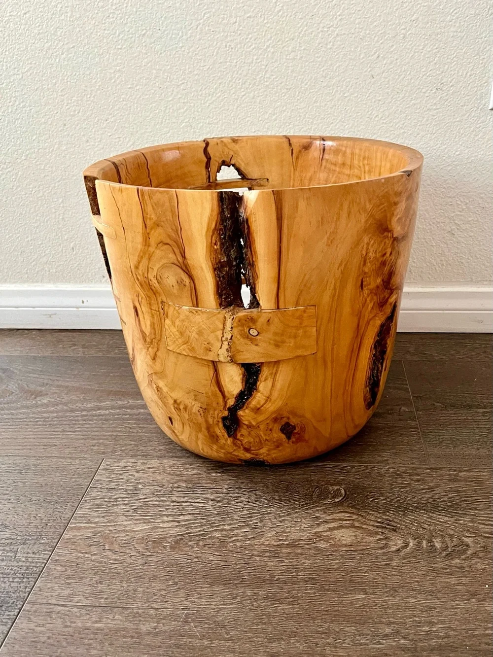 Hand-Carved Natural Wood Accent Planter - Honey Brown